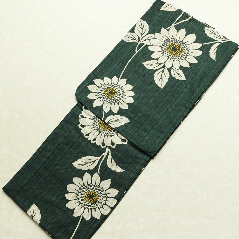 新品 浴衣 女性用 綿 平織 古典柄 花柄 ゆかた 未使用品 しつけ糸付き 緑 レトロ モダン 向日葵_画像1