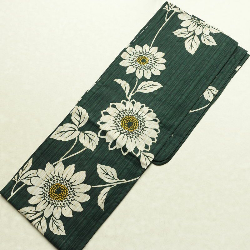 新品 浴衣 女性用 綿 平織 古典柄 花柄 ゆかた 未使用品 しつけ糸付き 緑 レトロ モダン 向日葵_画像2