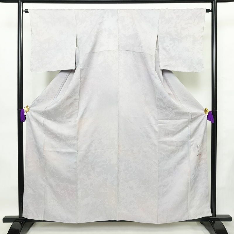 小紋 落款入り 正絹 木の葉・植物柄 袷仕立て 身丈159cm 裄丈64cm リサイクル着物 一部しつけ糸付き 着物 ぼかし 紫・藤色_画像1