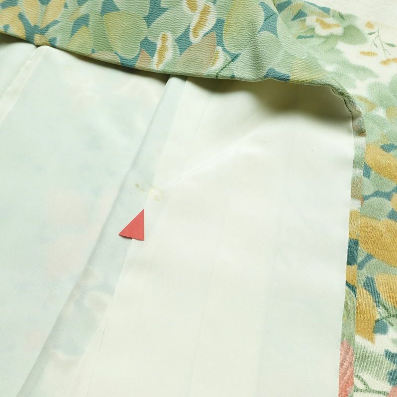 小紋 縮緬 総柄 正絹 木の葉・植物柄 袷仕立て 身丈151cm 裄丈65cm リサイクル着物 着物 カジュアル 緑・うぐいす色_画像19