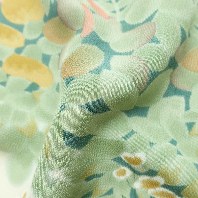 小紋 縮緬 総柄 正絹 木の葉・植物柄 袷仕立て 身丈151cm 裄丈65cm リサイクル着物 着物 カジュアル 緑・うぐいす色_画像21