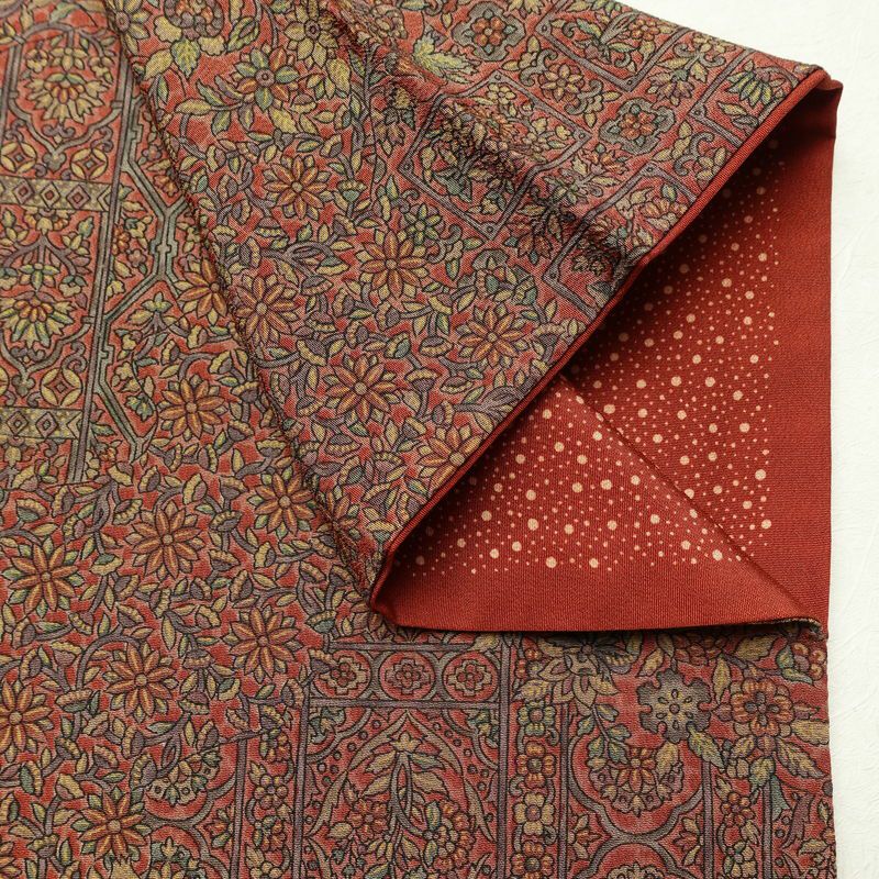 付け下げ 良品 縮緬 正絹 小紋柄 幾何学柄・抽象柄 袷仕立て 身丈162cm 裄丈67cm リサイクル着物 着物 洒落 茶_画像16