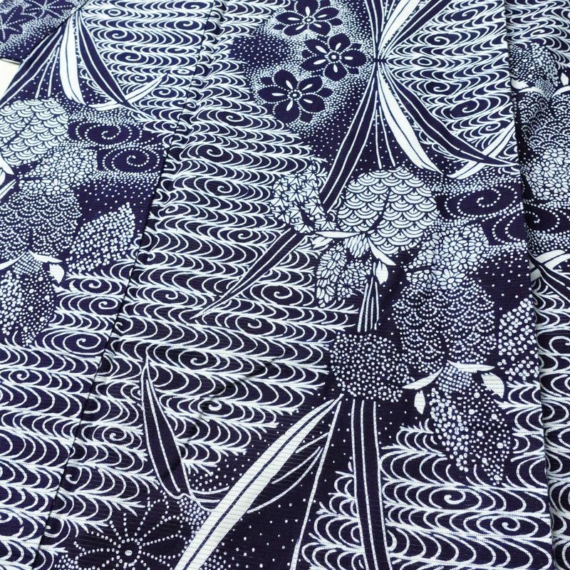 浴衣 美品 夏用 綿絽 バチ衿仕立て 綿 花柄 単衣仕立て 身丈144cm 裄丈66cm モダン 粋 青・紺_画像5