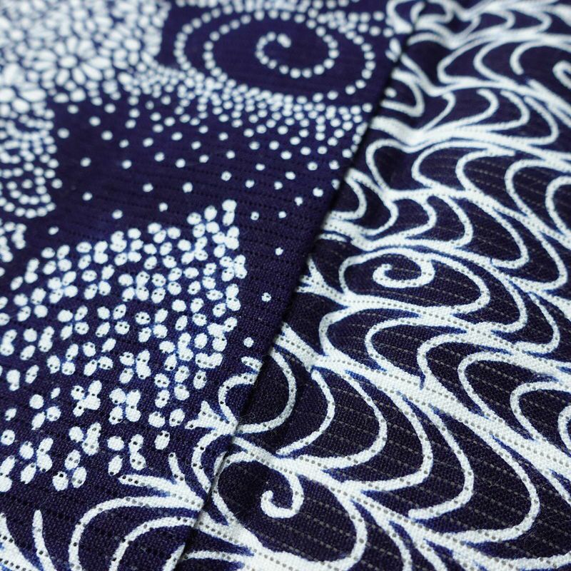 浴衣 美品 夏用 綿絽 バチ衿仕立て 綿 花柄 単衣仕立て 身丈144cm 裄丈66cm モダン 粋 青・紺_画像9