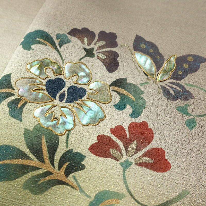 付け下げ 良品 しつけ糸付き 正絹 花柄 袷仕立て 身丈155.5cm 裄丈63cm リサイクル着物 着物 箔 金彩 銀彩 入学式 卒業式 七五三 お宮参り フォーマル 茶_画像7