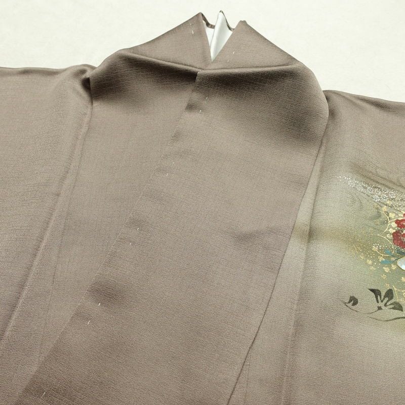 付け下げ 良品 しつけ糸付き 正絹 花柄 袷仕立て 身丈155.5cm 裄丈63cm リサイクル着物 着物 箔 金彩 銀彩 入学式 卒業式 七五三 お宮参り フォーマル 茶_画像17