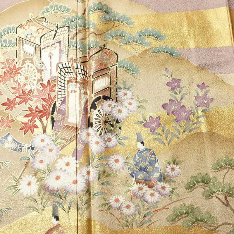 色留袖 良品 しつけ糸付き 一つ紋付き トールサイズ 正絹 風景柄 袷仕立て 身丈174cm 裄丈71cm リサイクル着物 着物 箔 引箔 金彩 結婚式 パーティー フォーマル 華やか 御所車 松 菊 小豆・エンジ_画像6