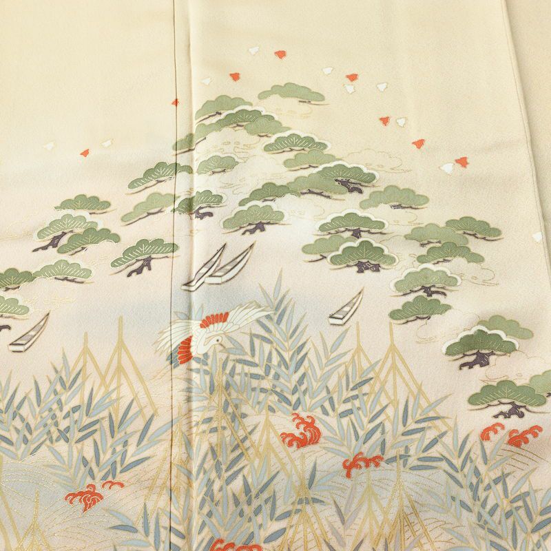 訪問着 良品 しつけ糸付き 正絹 古典柄 袷仕立て 身丈160.5cm 裄丈65cm リサイクル着物 着物 箔 金彩 入学式 卒業式 七五三 お宮参り フォーマル 上品 松 ベージュ_画像6