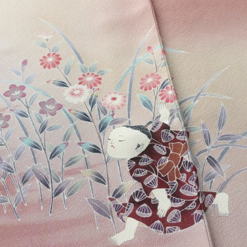 訪問着 美品 落款入り しつけ糸付き 友禅 縮緬 一つ紋付き 正絹 人物・動物柄 袷仕立て 身丈158.5cm 裄丈66.5cm リサイクル着物 着物 作家物 手描き 入学式 卒業式 七五三 お宮参り フォーマル モダン 上品 ピンク_画像10