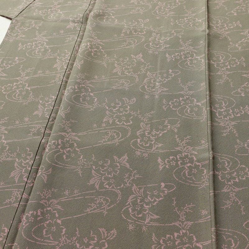 小紋 落款入り 縮緬 総柄 正絹 花柄 袷仕立て 身丈151cm 裄丈63cm リサイクル着物 着物 モダン 緑・うぐいす色_画像5