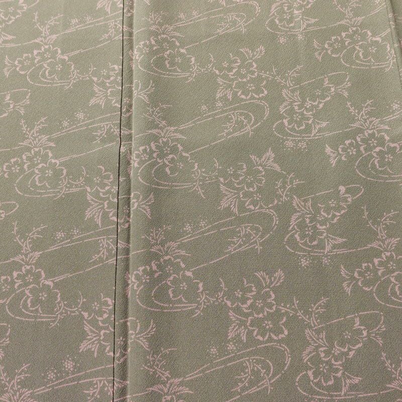 小紋 落款入り 縮緬 総柄 正絹 花柄 袷仕立て 身丈151cm 裄丈63cm リサイクル着物 着物 モダン 緑・うぐいす色_画像6