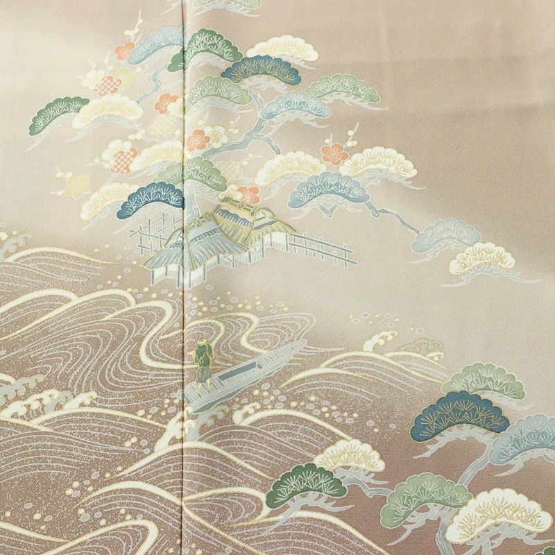 付け下げ 良品 縮緬 正絹 風景柄 袷仕立て 身丈164.5cm 裄丈70.5cm ゆったりサイズ ワイド リサイクル着物 着物 箔 金彩 入学式 卒業式 七五三 お宮参り フォーマル 上品 ベージュ_画像6