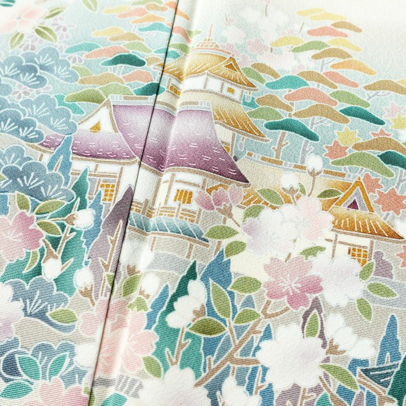 訪問着 美品 しつけ糸付き 縮緬 一つ紋付き 正絹 風景柄 袷仕立て 身丈164cm 裄丈67cm リサイクル着物 着物 共八掛 入学式 卒業式 七五三 お宮参り フォーマル 上品 紅葉 松 桜 紫・藤色_画像7