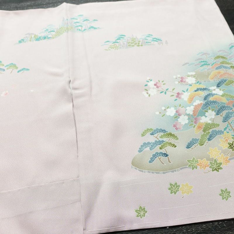 訪問着 美品 しつけ糸付き 縮緬 一つ紋付き 正絹 風景柄 袷仕立て 身丈164cm 裄丈67cm リサイクル着物 着物 共八掛 入学式 卒業式 七五三 お宮参り フォーマル 上品 紅葉 松 桜 紫・藤色_画像14