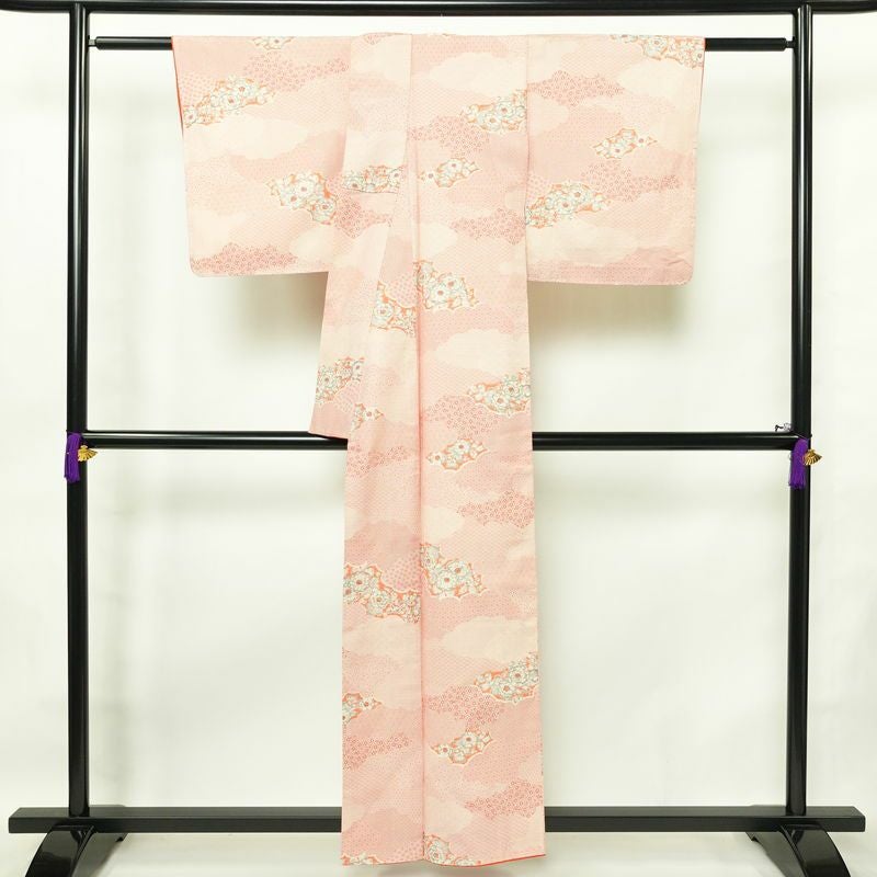 小紋 総柄 正絹 花柄 袷仕立て 身丈156.5cm 裄丈65cm リサイクル着物 着物 紬地 赤・朱_画像2