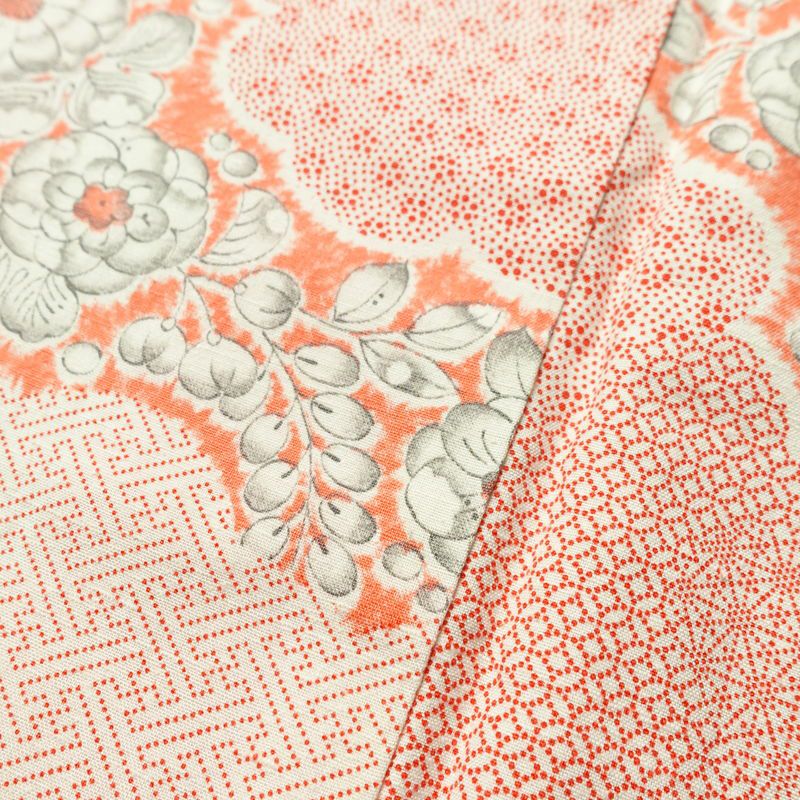 小紋 総柄 正絹 花柄 袷仕立て 身丈156.5cm 裄丈65cm リサイクル着物 着物 紬地 赤・朱_画像9