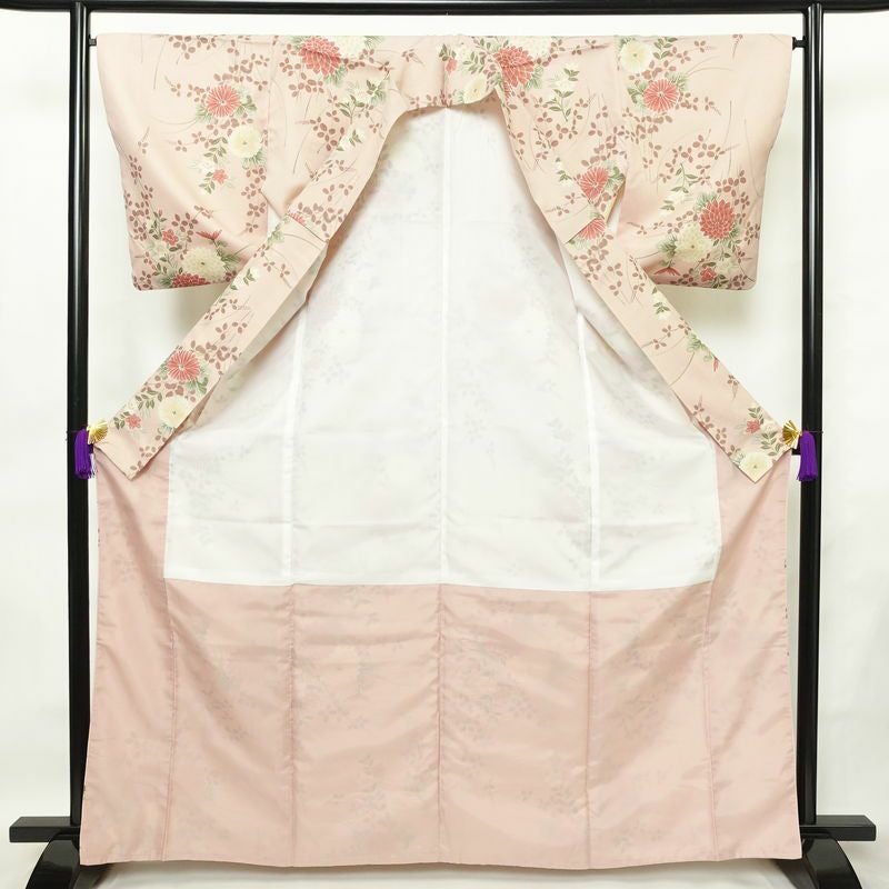 小紋 ポリエステル 花柄 袷仕立て 身丈165cm 裄丈66cm リサイクル着物 着物 ピンク_画像3