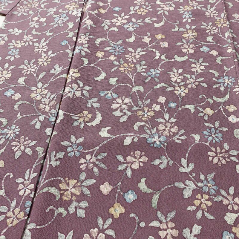 小紋 縮緬 総柄 正絹 花柄 袷仕立て 身丈155cm 裄丈65.5cm リサイクル着物 着物 紫・藤色_画像5