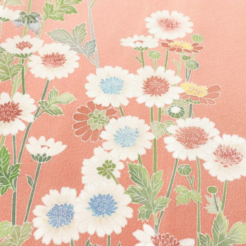 訪問着 落款入り 縮緬 一つ紋付き 正絹 花柄 袷仕立て 身丈156.5cm 裄丈63cm リサイクル着物 着物 作家物 共八掛 パーティー フォーマル 菊 ピンク_画像6