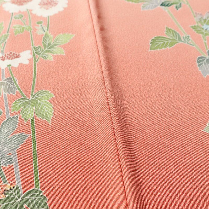 訪問着 落款入り 縮緬 一つ紋付き 正絹 花柄 袷仕立て 身丈156.5cm 裄丈63cm リサイクル着物 着物 作家物 共八掛 パーティー フォーマル 菊 ピンク_画像9