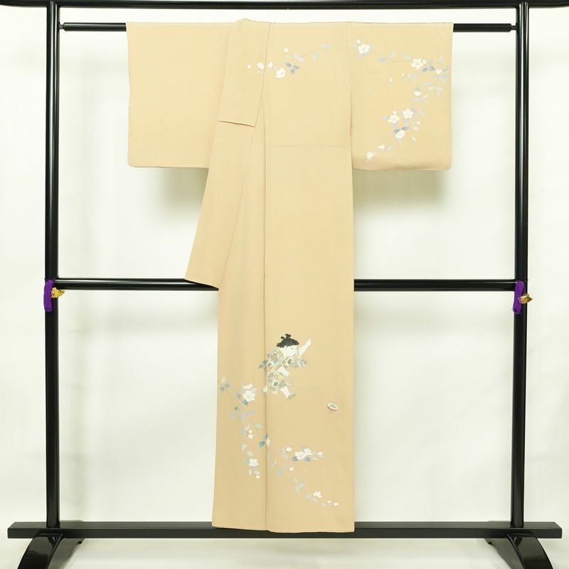 訪問着 縮緬 正絹 人物・動物柄 袷仕立て 身丈148cm 裄丈63cm リサイクル着物 着物 フォーマル シンプル 粋 ベージュ_画像2