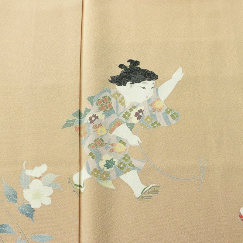 訪問着 縮緬 正絹 人物・動物柄 袷仕立て 身丈148cm 裄丈63cm リサイクル着物 着物 フォーマル シンプル 粋 ベージュ_画像6