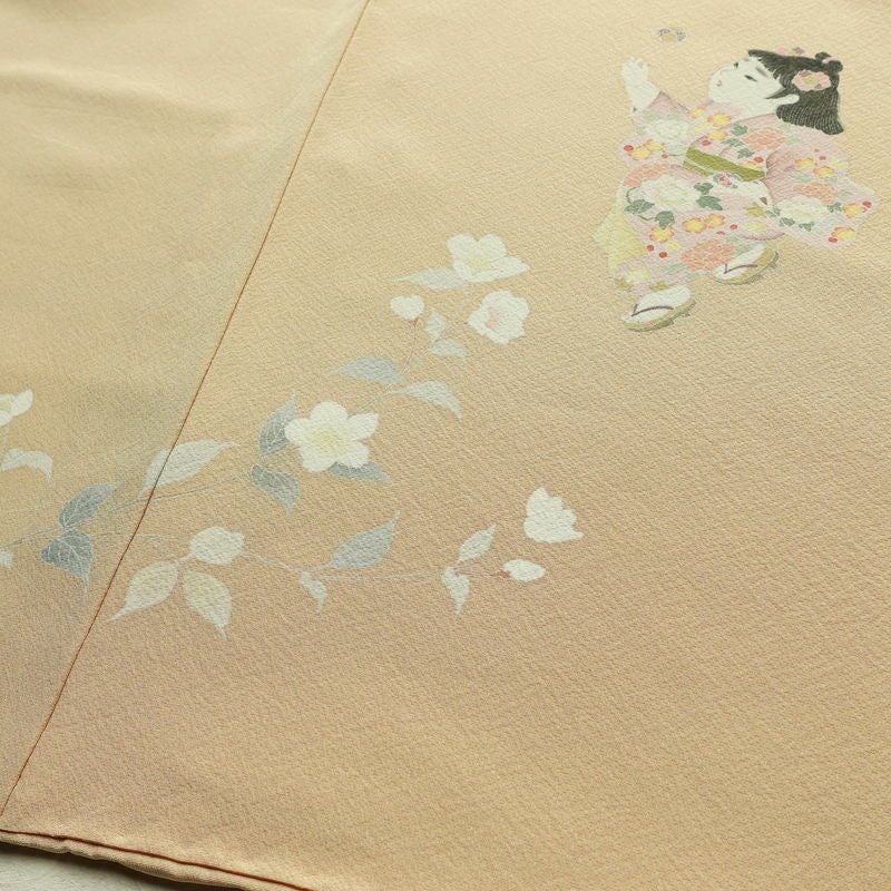 訪問着 縮緬 正絹 人物・動物柄 袷仕立て 身丈148cm 裄丈63cm リサイクル着物 着物 フォーマル シンプル 粋 ベージュ_画像13