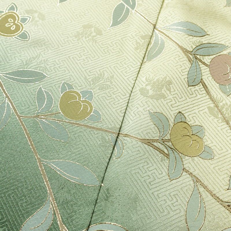 訪問着 綸子 正絹 花柄 袷仕立て 身丈165cm 裄丈66.5cm リサイクル着物 着物 箔 金彩 入学式 卒業式 七五三 お宮参り フォーマル 上品 菊 緑・うぐいす色_画像11