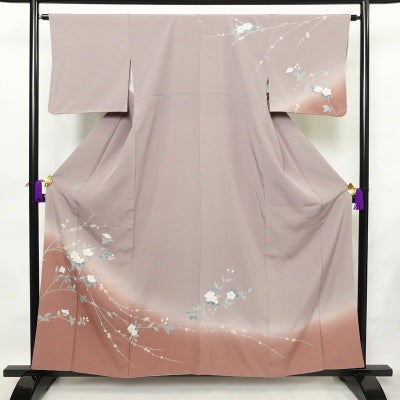 訪問着 縮緬 一つ紋付き 正絹 花柄 袷仕立て 身丈159cm 裄丈64cm リサイクル着物 着物 共八掛 入学式 卒業式 七五三 お宮参り フォーマル 上品 紫・藤色