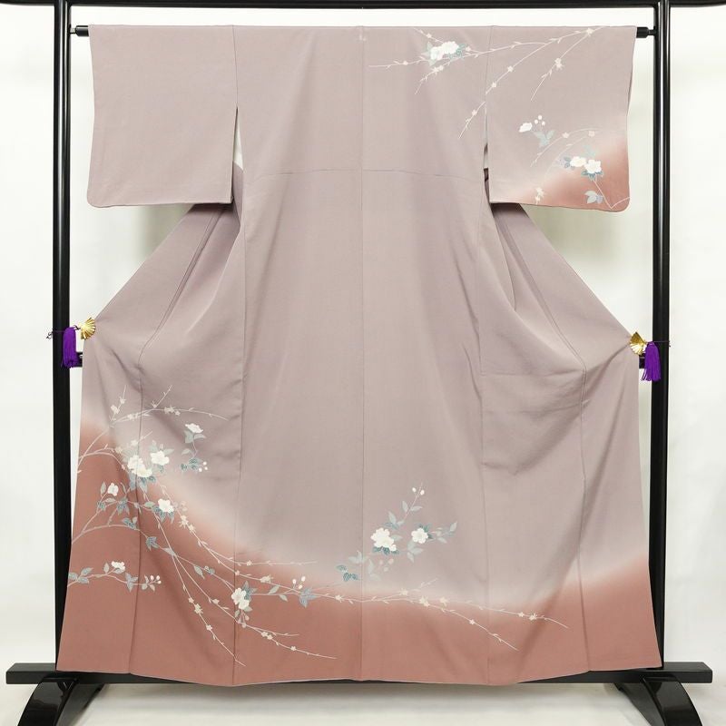 訪問着 縮緬 一つ紋付き 正絹 花柄 袷仕立て 身丈159cm 裄丈64cm リサイクル着物 着物 共八掛 入学式 卒業式 七五三 お宮参り フォーマル 上品 紫・藤色_画像1