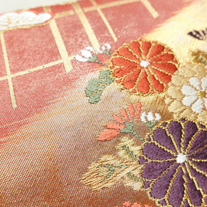 名古屋帯 太鼓柄 良品 正絹 古典柄 名古屋仕立て リサイクル帯 帯 箔 引箔 松 菊 ピンク_画像5