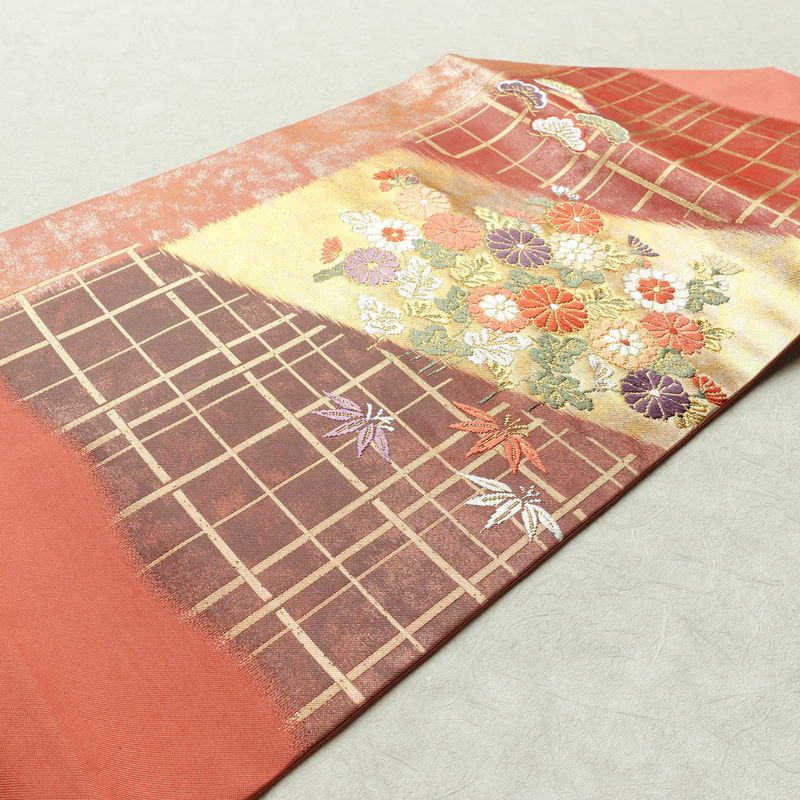 名古屋帯 太鼓柄 良品 正絹 古典柄 名古屋仕立て リサイクル帯 帯 箔 引箔 松 菊 ピンク_画像12