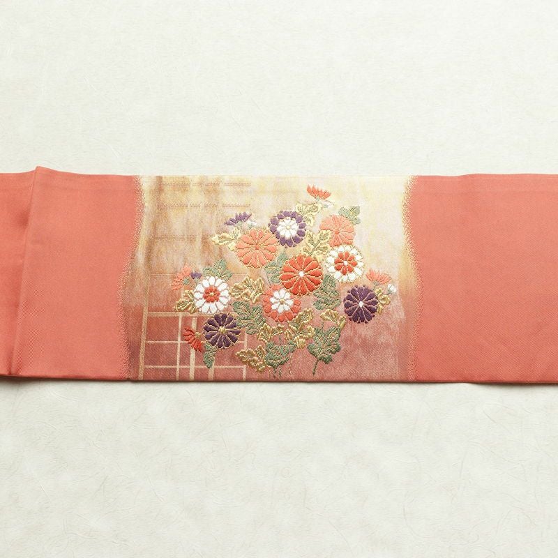 名古屋帯 太鼓柄 良品 正絹 古典柄 名古屋仕立て リサイクル帯 帯 箔 引箔 松 菊 ピンク_画像14