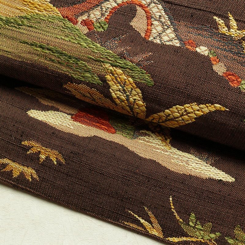 名古屋帯 六通柄 良品 正絹 風景柄 通し仕立て なごや帯 リサイクル帯 帯 紬地 茶_画像7