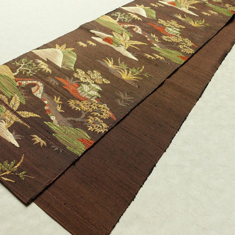 名古屋帯 六通柄 良品 正絹 風景柄 通し仕立て なごや帯 リサイクル帯 帯 紬地 茶_画像8