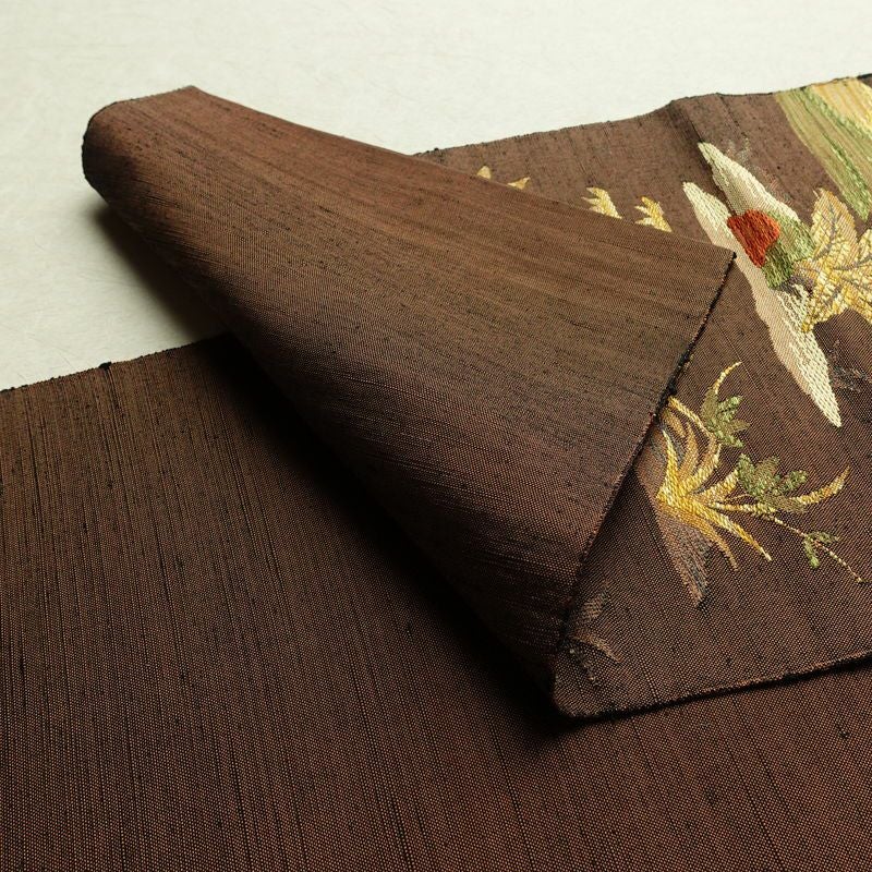 名古屋帯 六通柄 良品 正絹 風景柄 通し仕立て なごや帯 リサイクル帯 帯 紬地 茶_画像9