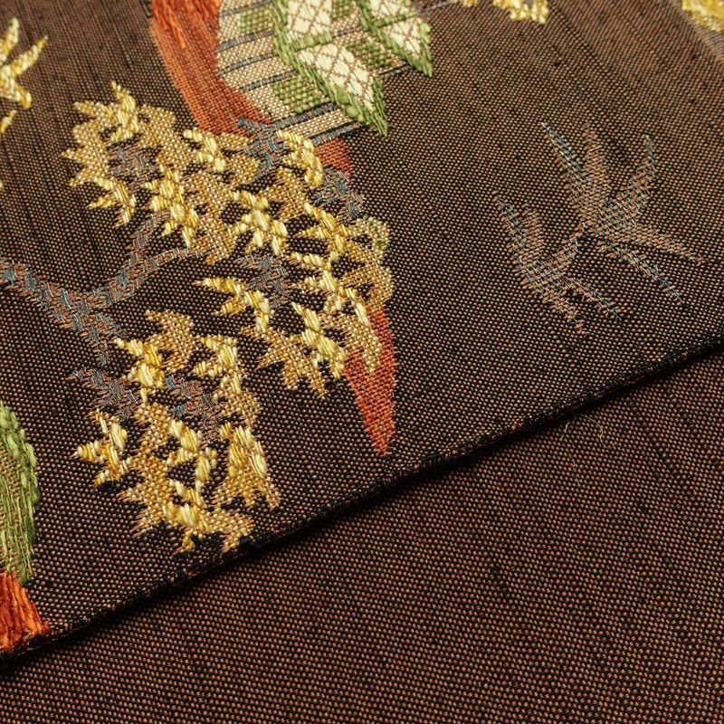 名古屋帯 六通柄 良品 正絹 風景柄 通し仕立て なごや帯 リサイクル帯 帯 紬地 茶_画像12