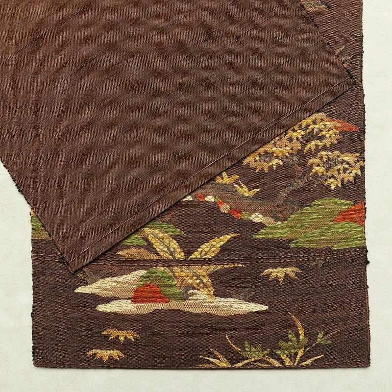 名古屋帯 六通柄 良品 正絹 風景柄 通し仕立て なごや帯 リサイクル帯 帯 紬地 茶_画像13