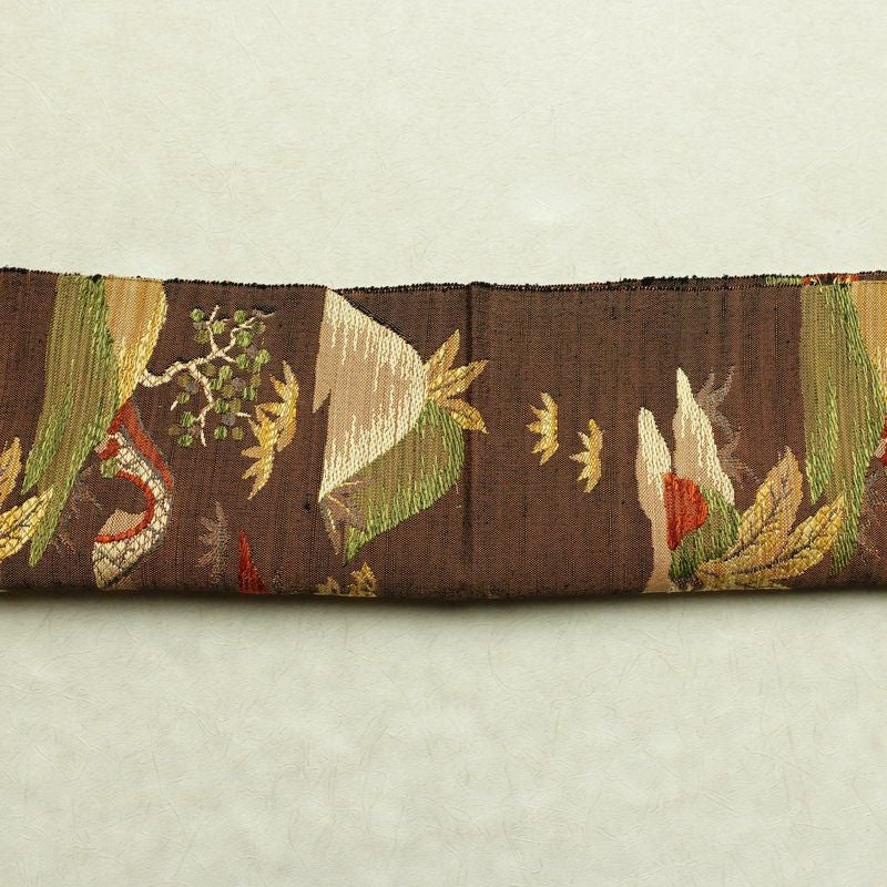 名古屋帯 六通柄 良品 正絹 風景柄 通し仕立て なごや帯 リサイクル帯 帯 紬地 茶_画像14