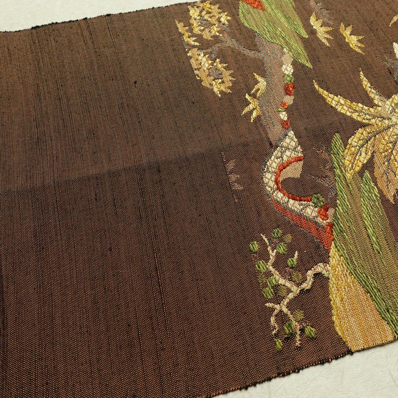 名古屋帯 六通柄 良品 正絹 風景柄 通し仕立て なごや帯 リサイクル帯 帯 紬地 茶_画像16