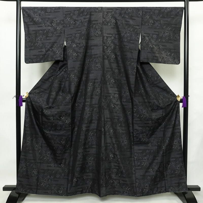 大島紬 証紙なし 正絹 木の葉・植物柄 袷仕立て 身丈161cm 裄丈67cm リサイクル着物 着物 青・紺_画像1