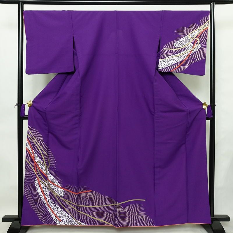 単衣 付け下げ 踊り用 ポリエステル 流水・波柄 単衣仕立て 身丈163cm 裄丈68cm リサイクル着物 着物 箔 紫・藤色_画像1