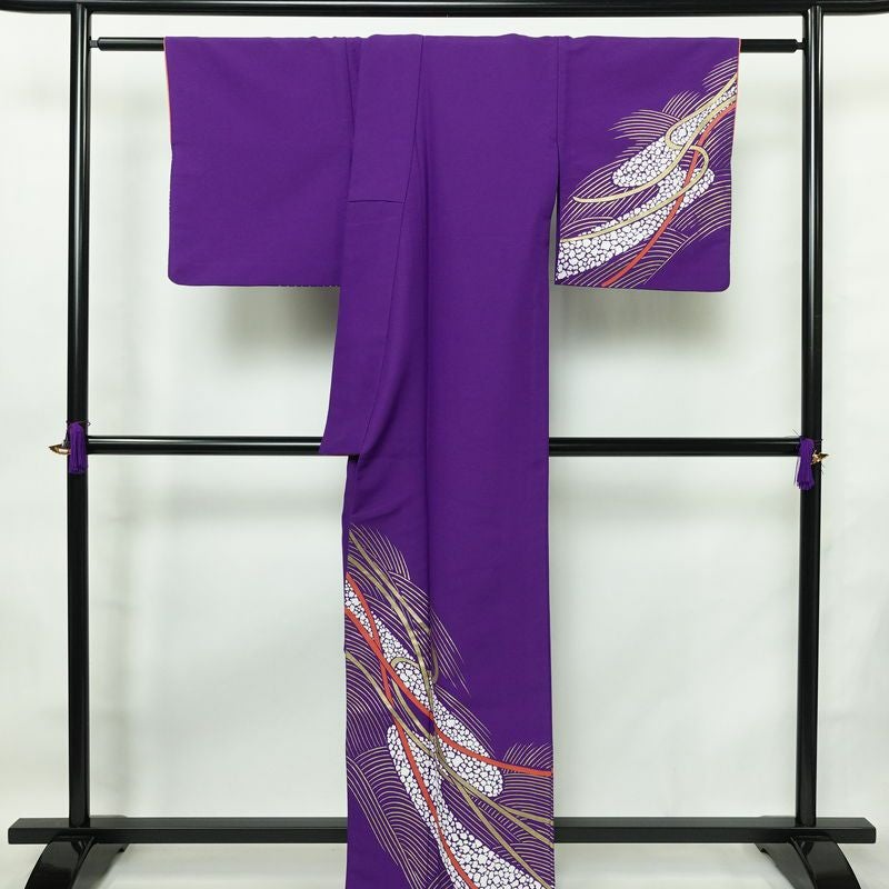 単衣 付け下げ 踊り用 ポリエステル 流水・波柄 単衣仕立て 身丈163cm 裄丈68cm リサイクル着物 着物 箔 紫・藤色_画像2