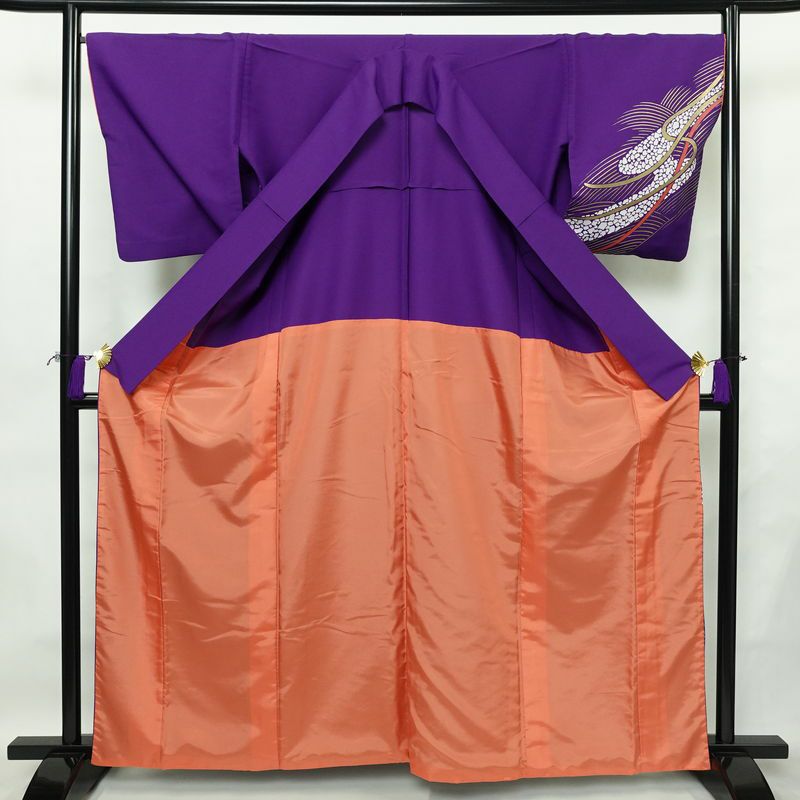 単衣 付け下げ 踊り用 ポリエステル 流水・波柄 単衣仕立て 身丈163cm 裄丈68cm リサイクル着物 着物 箔 紫・藤色_画像3