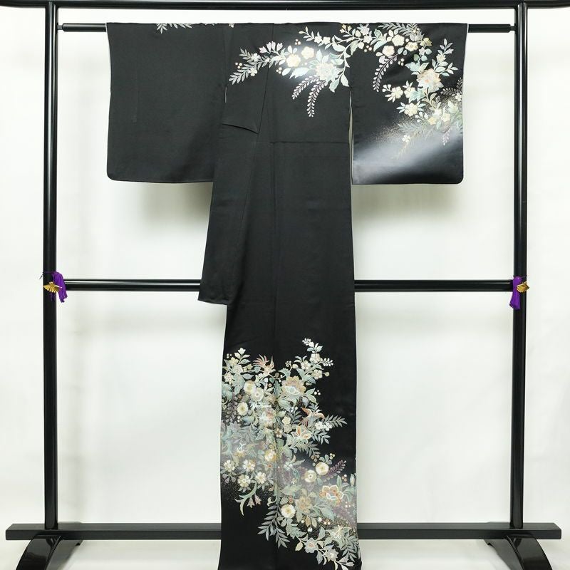 訪問着 一つ紋付き 正絹 花柄 袷仕立て 身丈165.5cm 裄丈66cm リサイクル着物 着物 箔 結婚式 パーティー フォーマル 華やか 黒_画像2