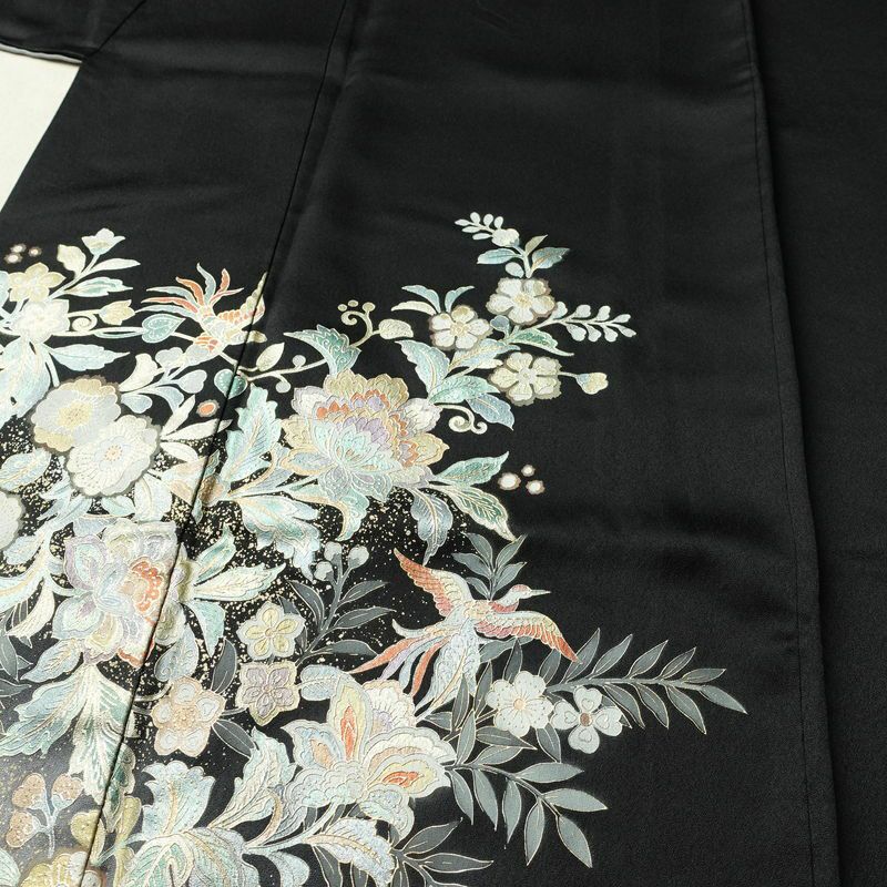 訪問着 一つ紋付き 正絹 花柄 袷仕立て 身丈165.5cm 裄丈66cm リサイクル着物 着物 箔 結婚式 パーティー フォーマル 華やか 黒_画像5