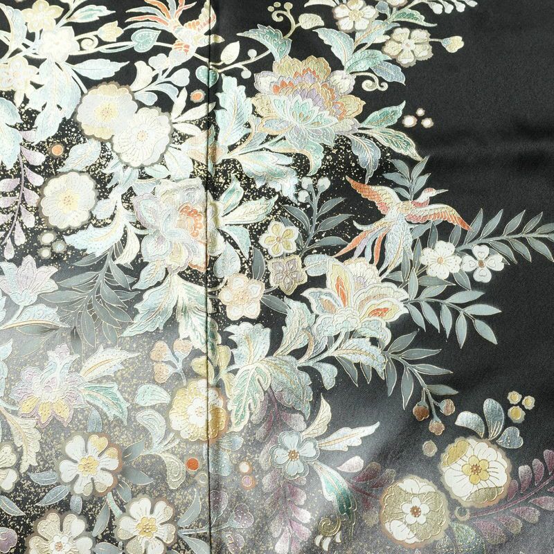 訪問着 一つ紋付き 正絹 花柄 袷仕立て 身丈165.5cm 裄丈66cm リサイクル着物 着物 箔 結婚式 パーティー フォーマル 華やか 黒_画像6