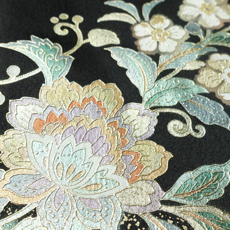 訪問着 一つ紋付き 正絹 花柄 袷仕立て 身丈165.5cm 裄丈66cm リサイクル着物 着物 箔 結婚式 パーティー フォーマル 華やか 黒_画像8