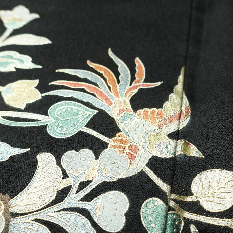 訪問着 一つ紋付き 正絹 花柄 袷仕立て 身丈165.5cm 裄丈66cm リサイクル着物 着物 箔 結婚式 パーティー フォーマル 華やか 黒_画像9