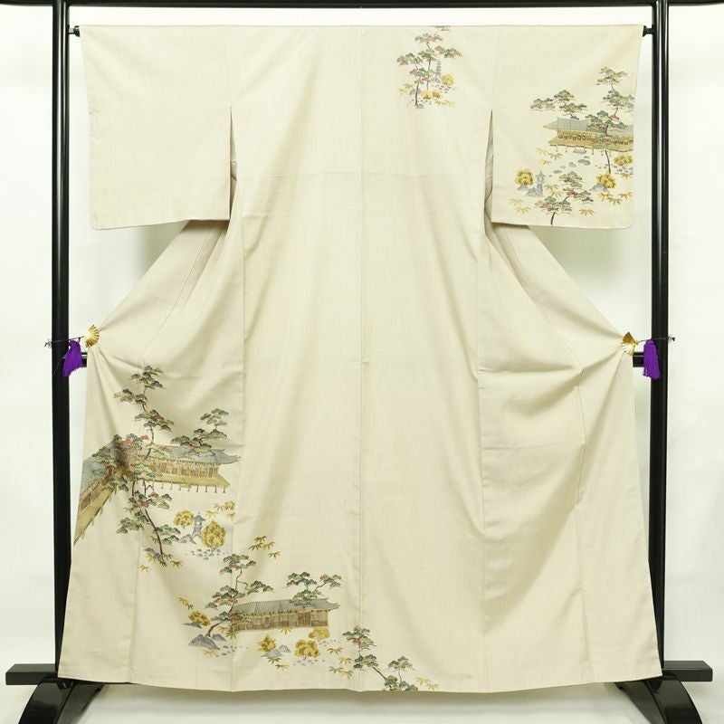 付け下げ 良品 正絹 風景柄 袷仕立て 身丈160.5cm 裄丈65.5cm リサイクル着物 着物 フォーマル 上品 紬地 ベージュ_画像1